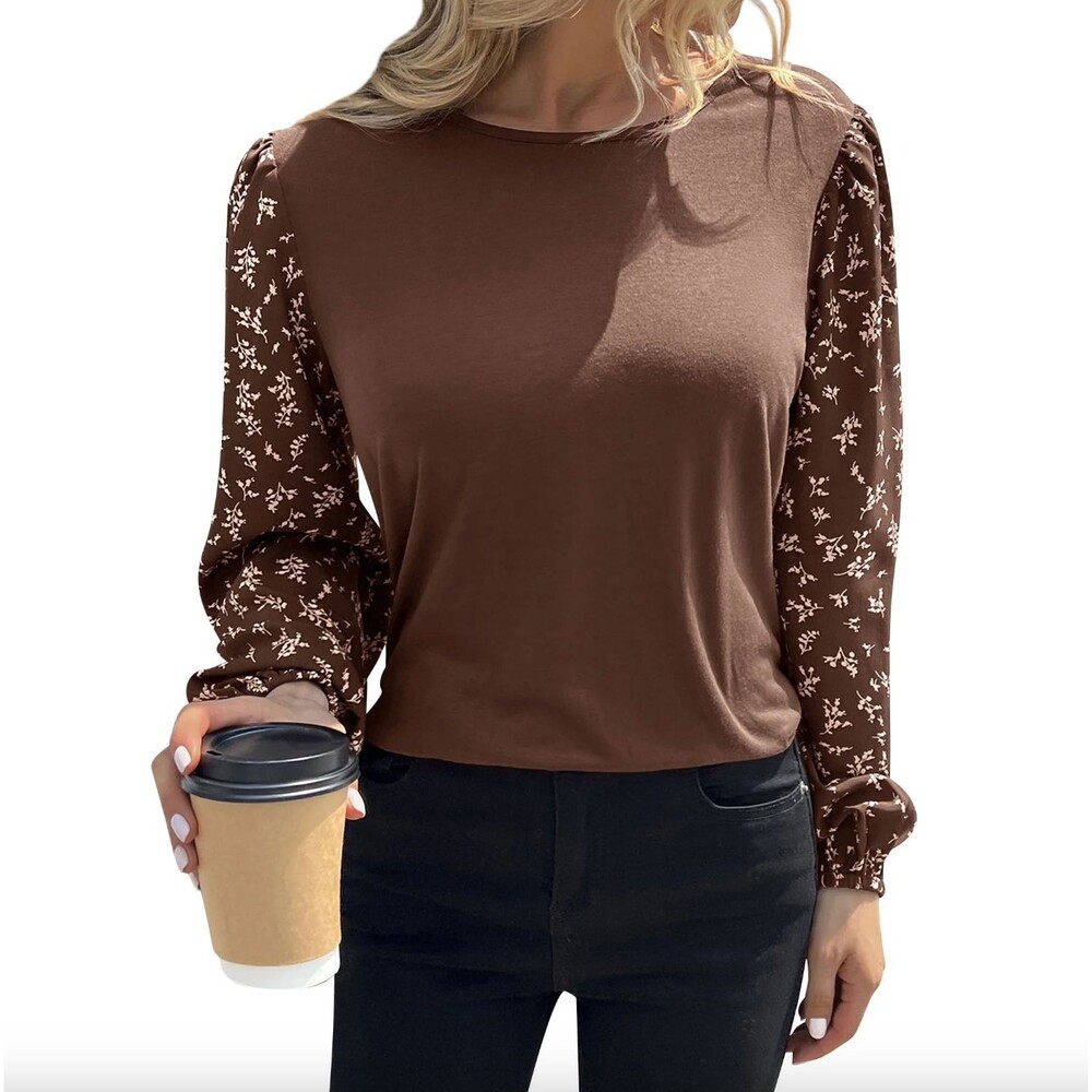 New HUBERY Women Floral Printed Long Sleeve Crew Neck Solid Pullover Top, S